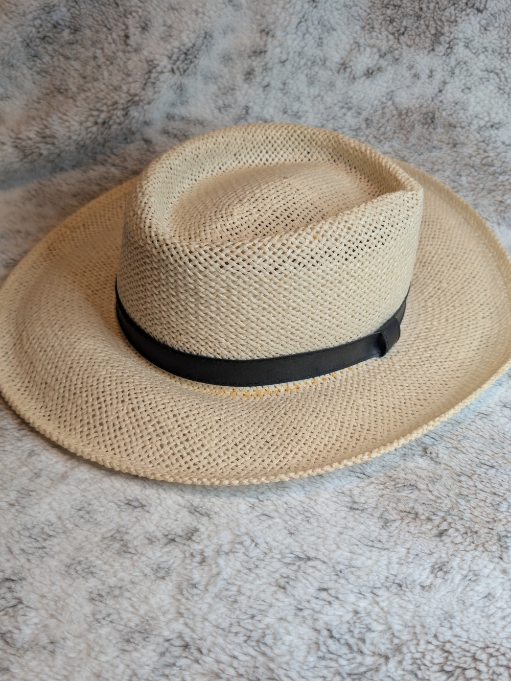 Natural Straw Fedora Sun Hat Wide Brim Black Band L/XL Cottagecore Coastal